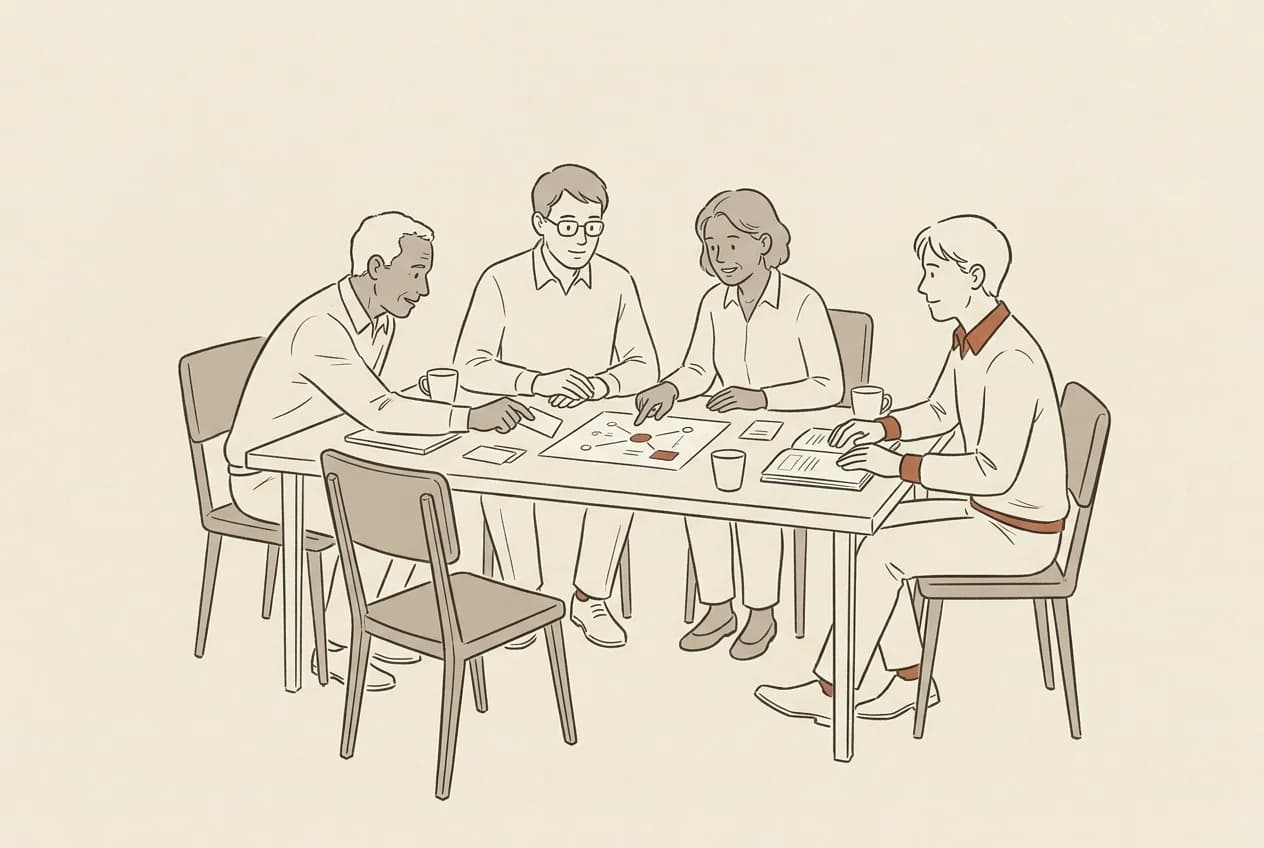 Four people discuss a shared idea around a table, with an open chair welcoming the viewer to join.