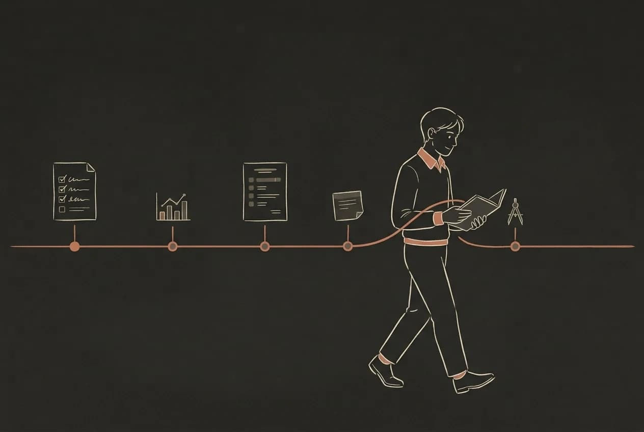 A professional carries a notebook alongside an ongoing career timeline of projects, results, reviews and skills.