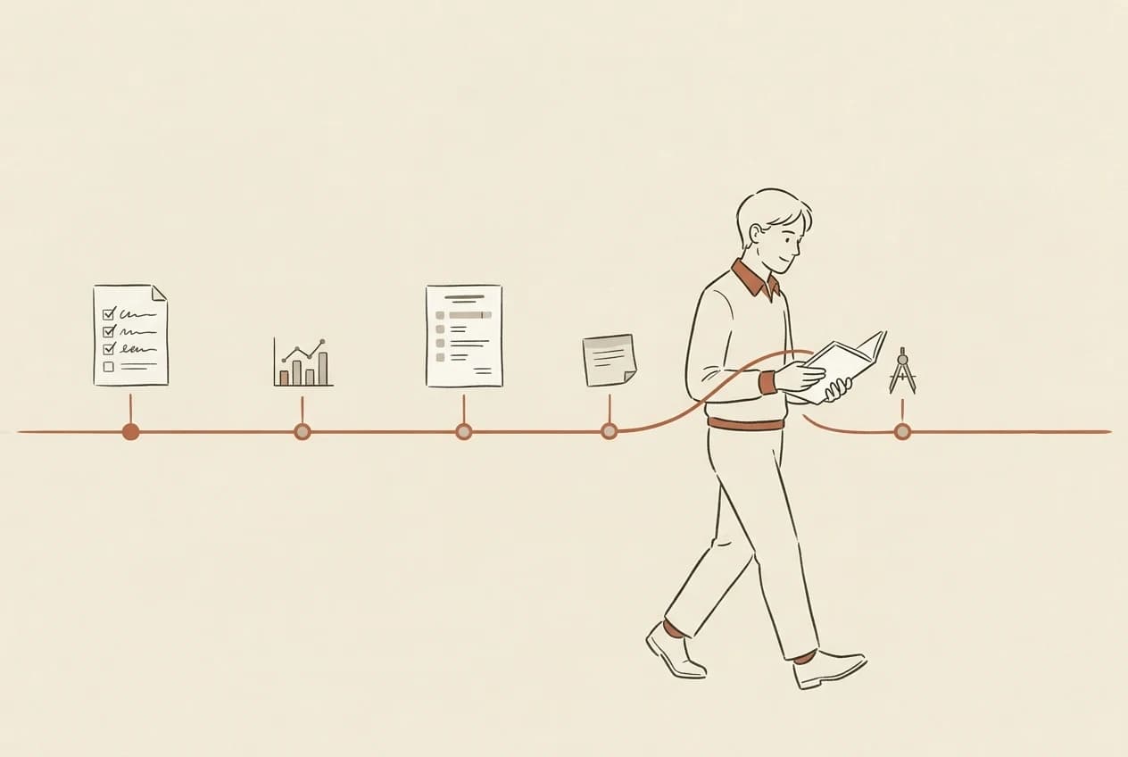 A professional carries a notebook alongside an ongoing career timeline of projects, results, reviews and skills.